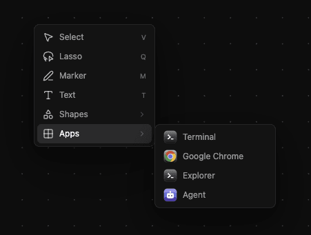 The Thinair canvas menu with Apps selected