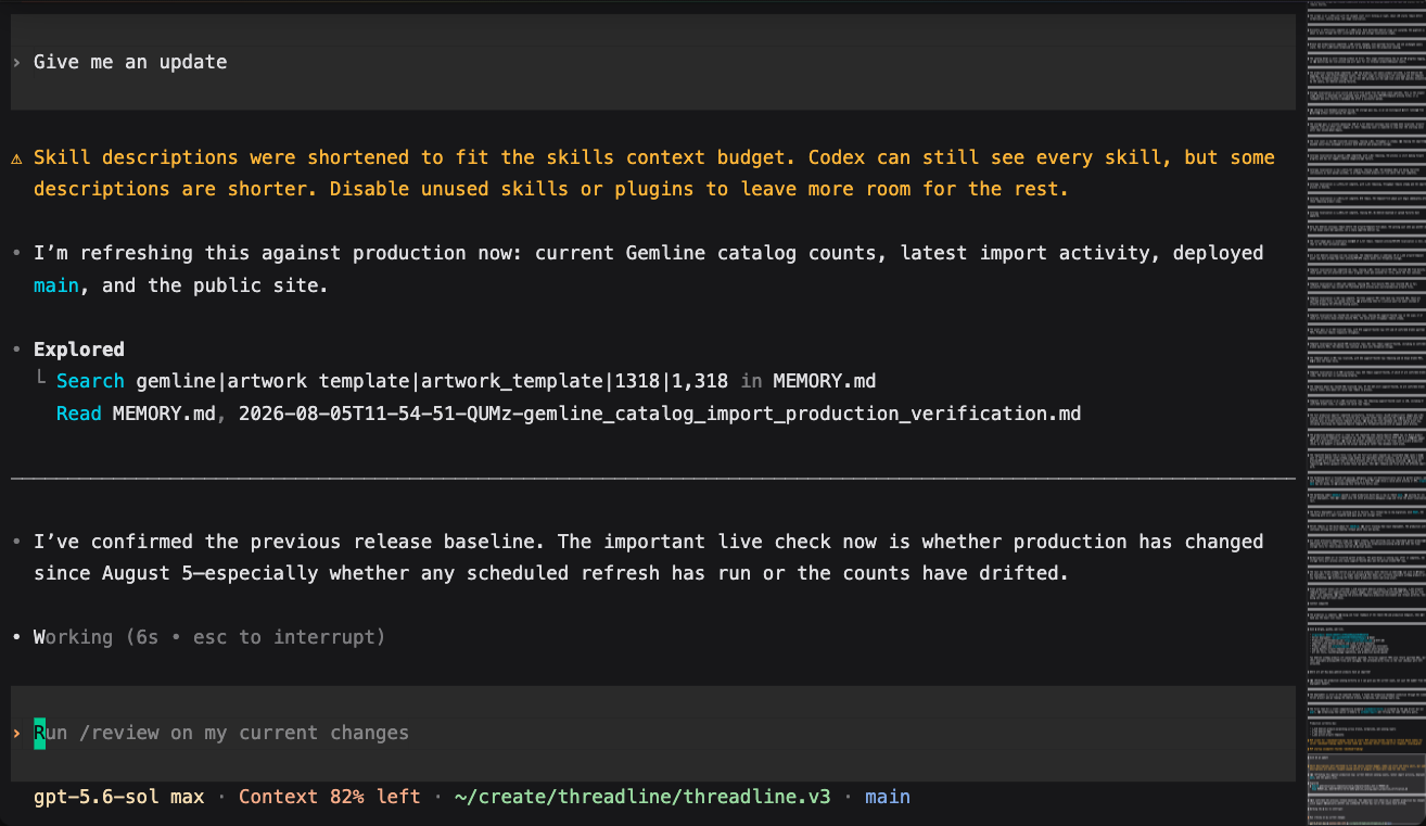 Codex working in a terminal, showing its progress, tools, prompt, model, repository, and output minimap
