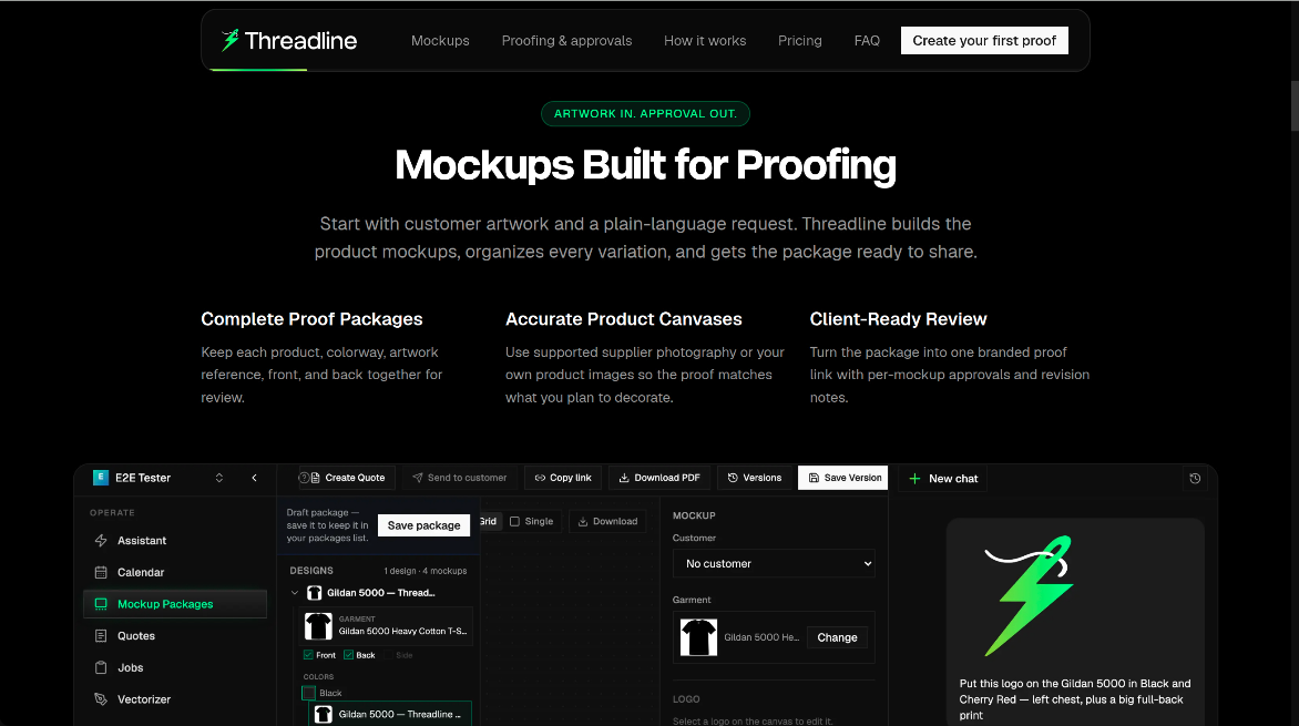 Threadline desktop website showing its mockup proofing workflow