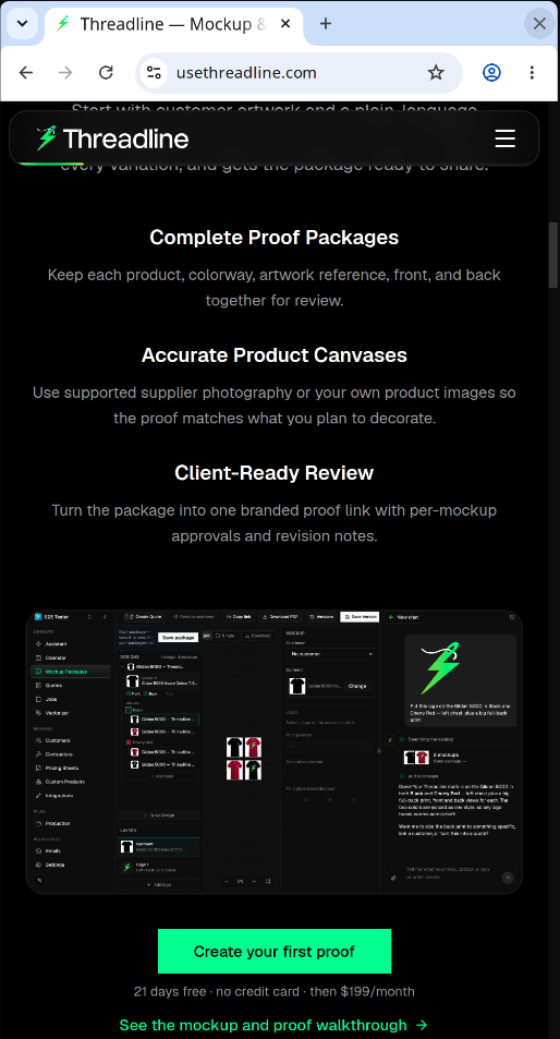 Threadline website at a narrow mobile viewport