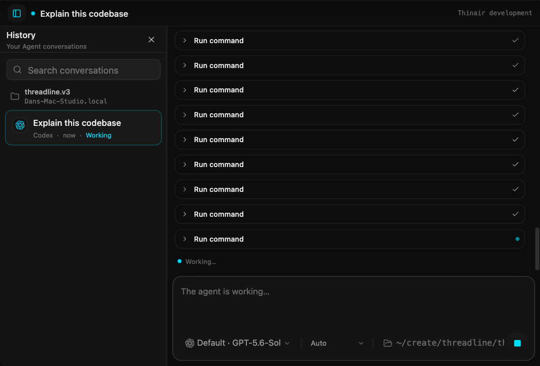 A Thinair agent working through the Threadline launch with command activity and a live prompt